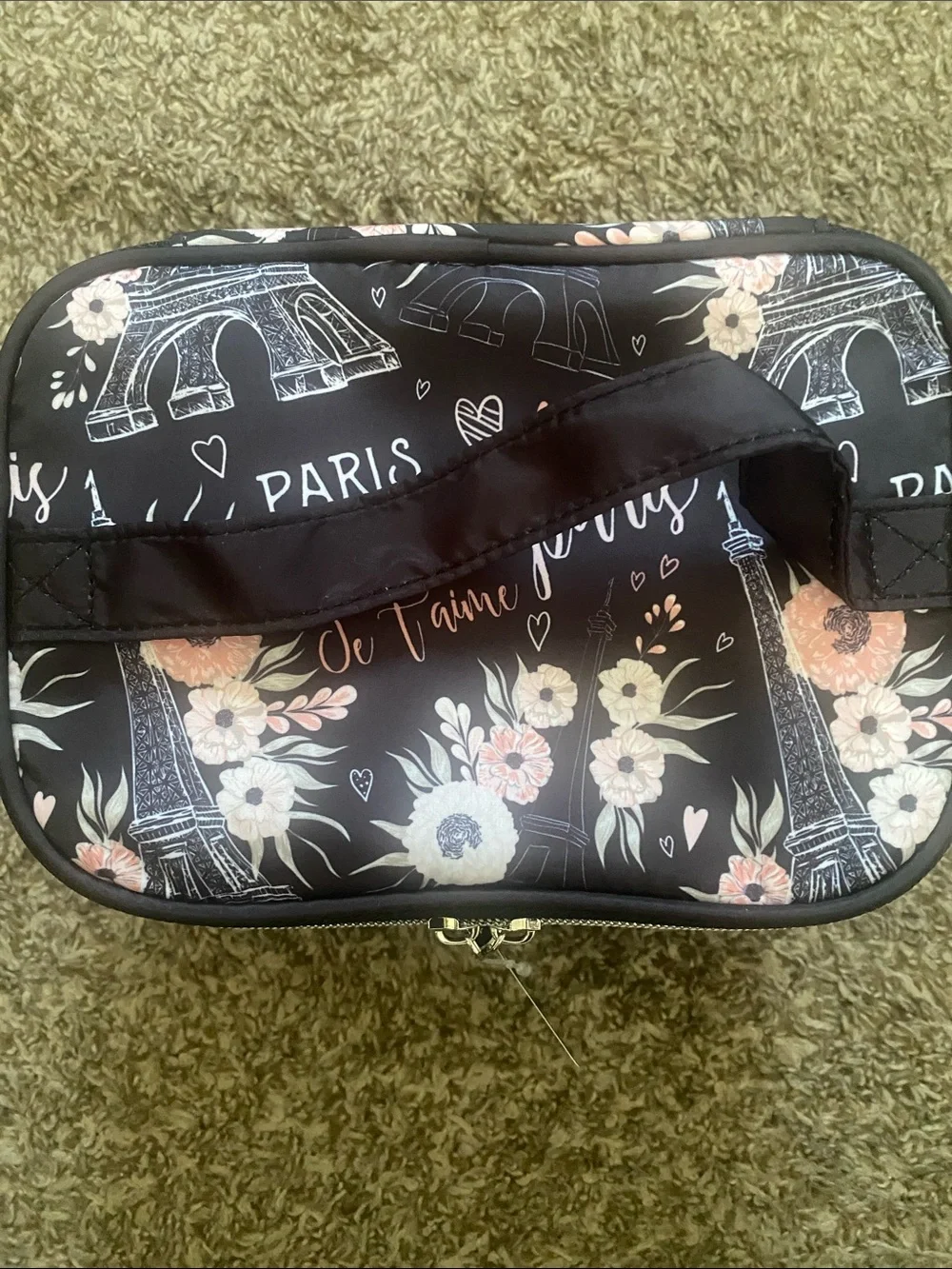 Black Eiffel Tower Floral Cosmetic Bag with Pink Accents